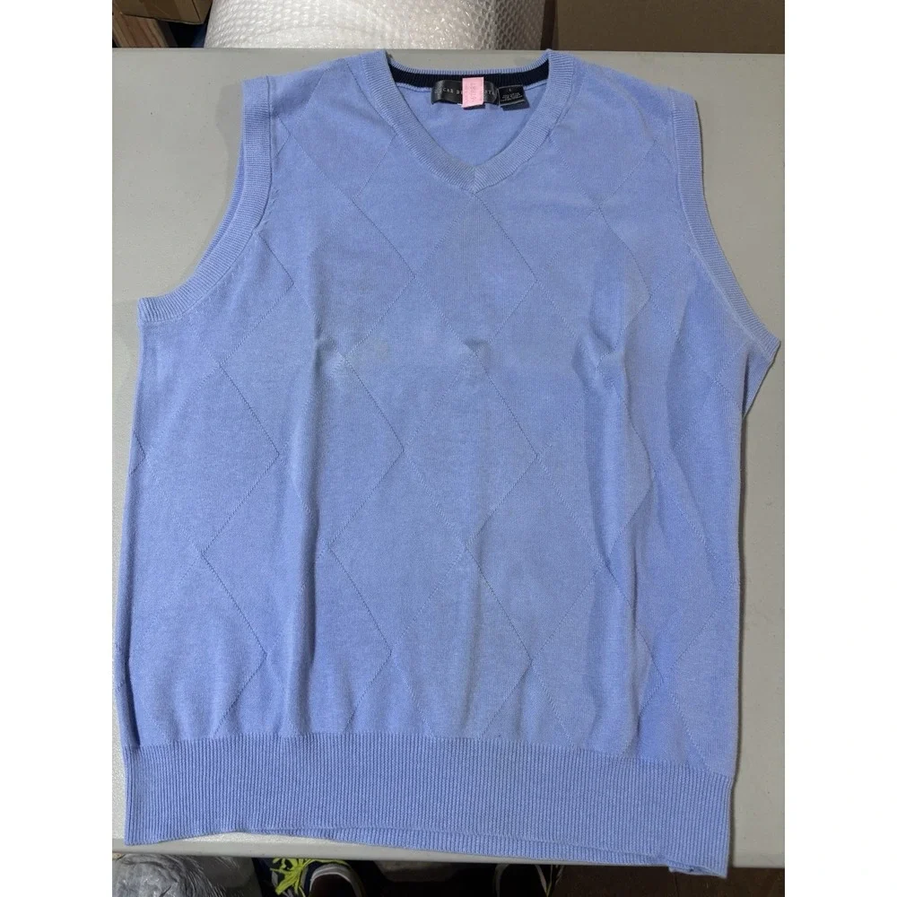 Oscar De La Renta Sweater Mens Large Blu Knit V-Neck Diamond Pattern Lightweight